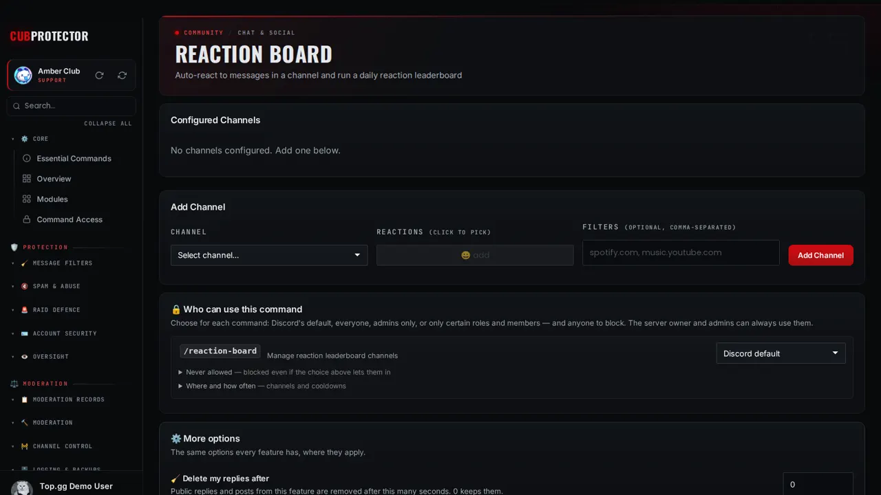 The Reaction Board page on the CUB PROTECTOR dashboard
