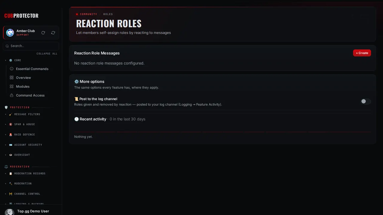 The Reaction Roles page on the CUB PROTECTOR dashboard