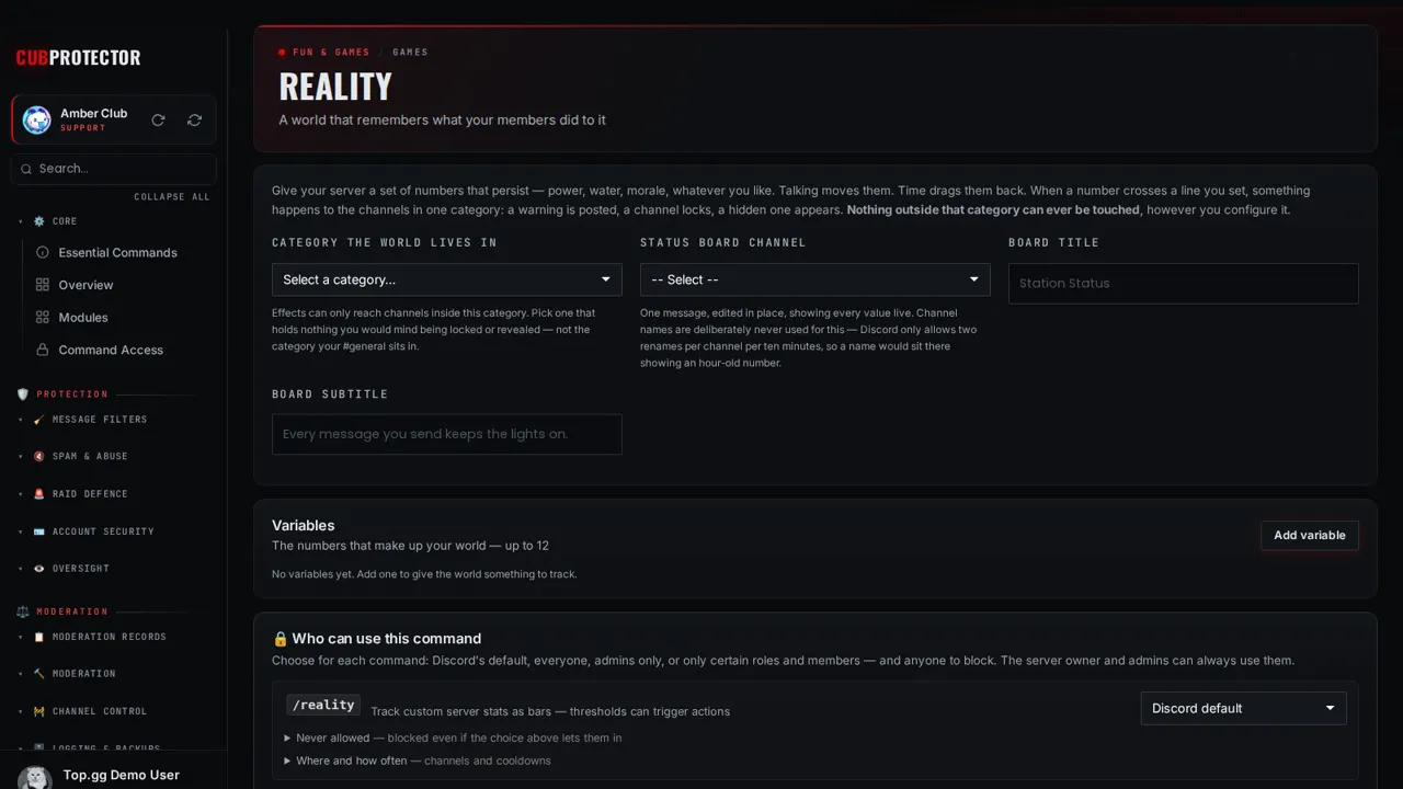 The Reality page on the CUB PROTECTOR dashboard