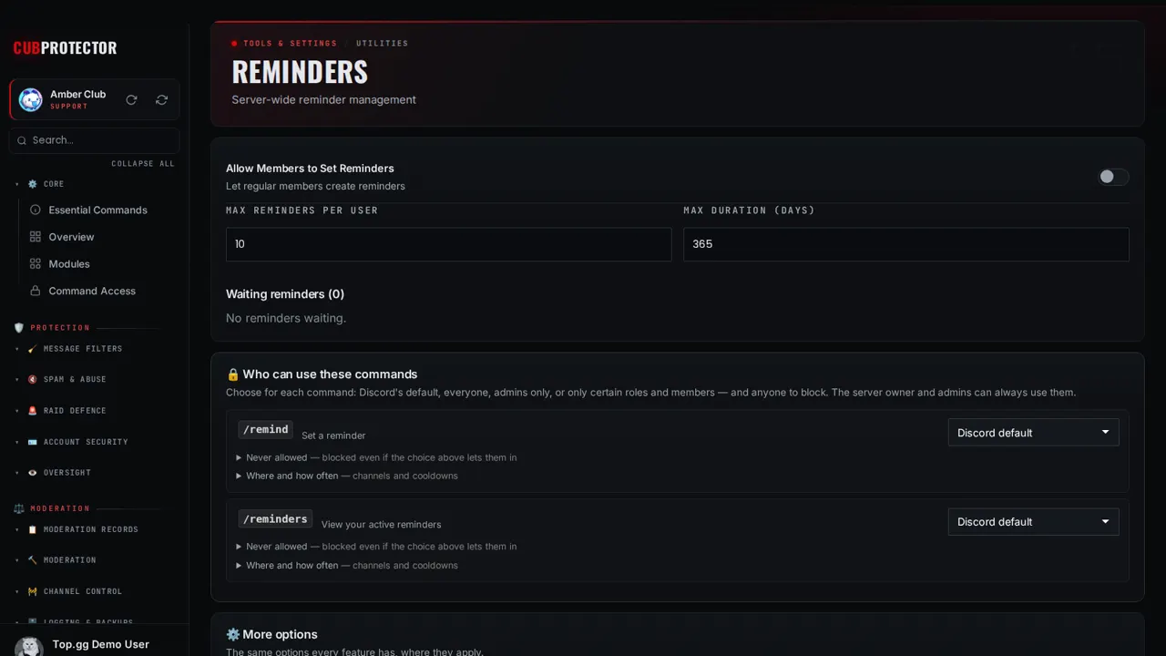 The Reminders page on the CUB PROTECTOR dashboard