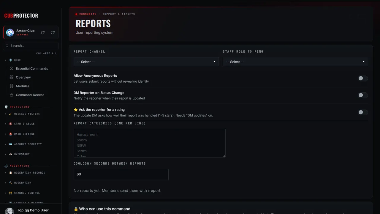 The Reports page on the CUB PROTECTOR dashboard
