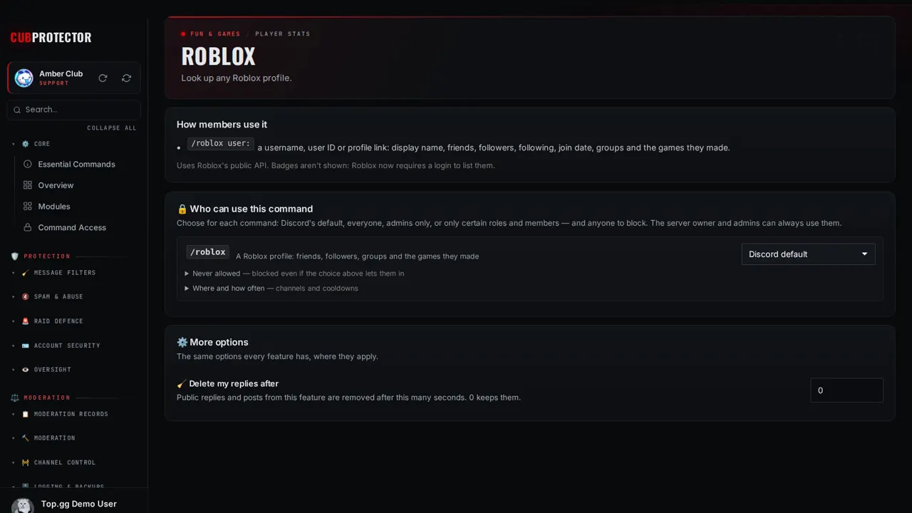 The Roblox page on the CUB PROTECTOR dashboard