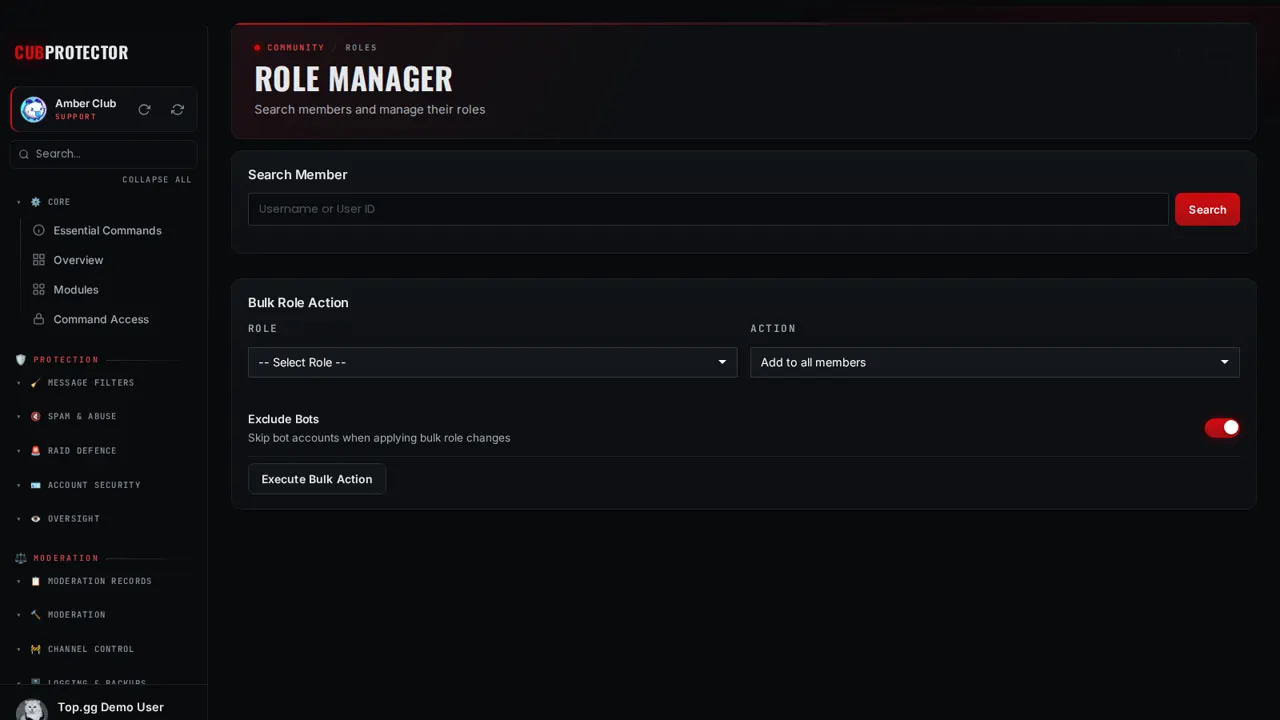 The Role Manager page on the CUB PROTECTOR dashboard