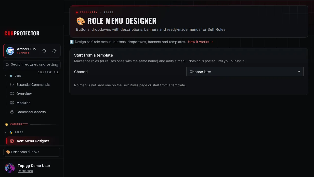 The Role Menu Designer page on the CUB PROTECTOR dashboard