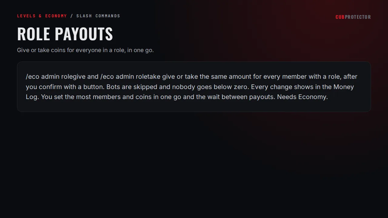 The Role Payouts page on the CUB PROTECTOR dashboard