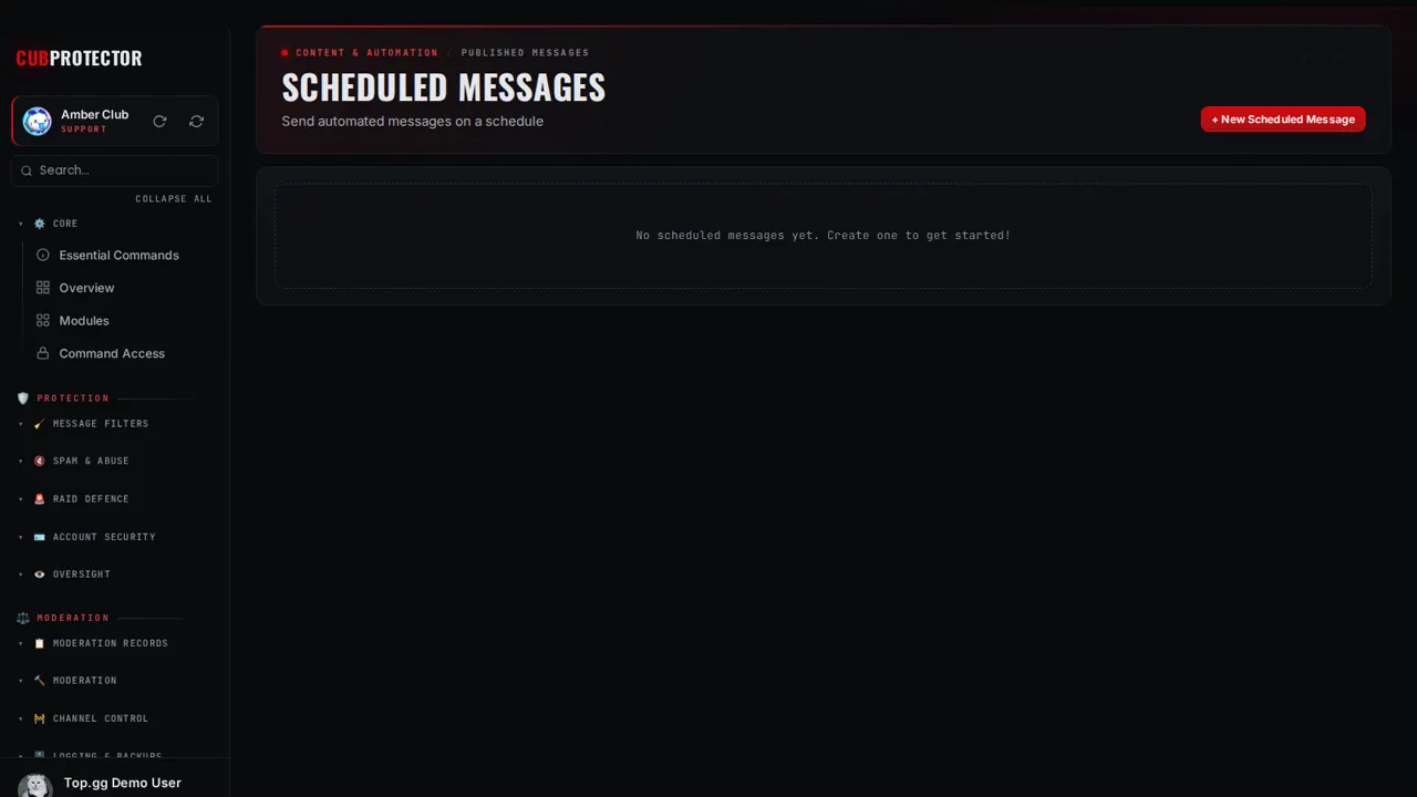 The Scheduled Messages page on the CUB PROTECTOR dashboard