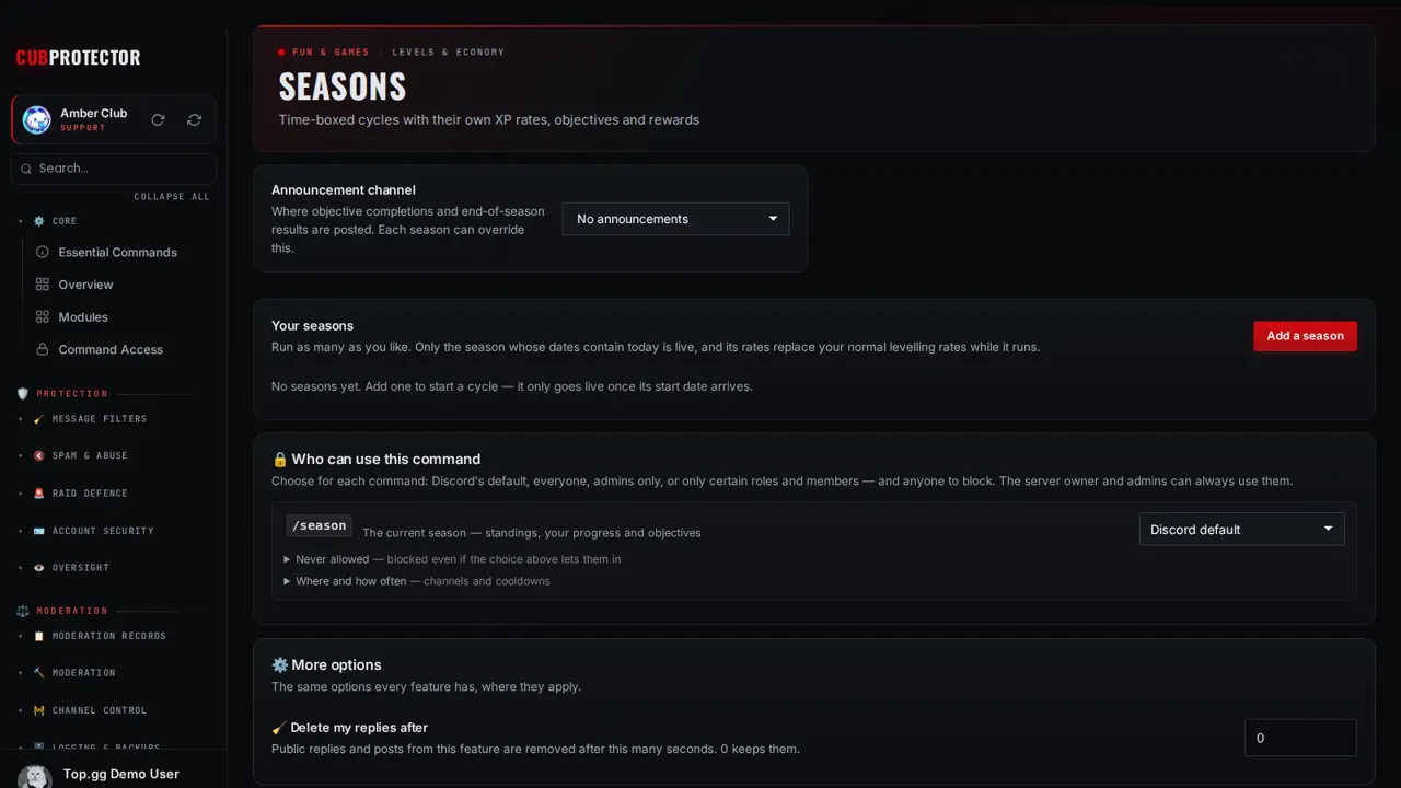 The Seasons page on the CUB PROTECTOR dashboard