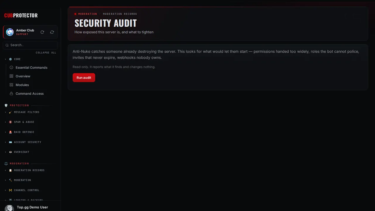 The Security Audit page on the CUB PROTECTOR dashboard