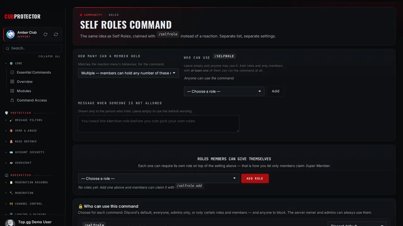 The Self Roles Command page on the CUB PROTECTOR dashboard
