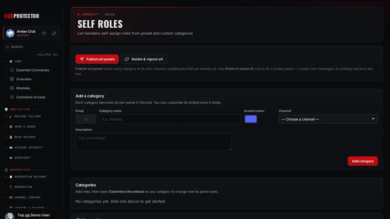 The Self Roles page on the CUB PROTECTOR dashboard