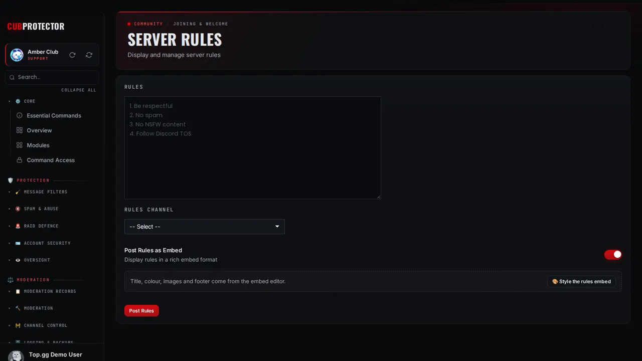 The Server Rules page on the CUB PROTECTOR dashboard