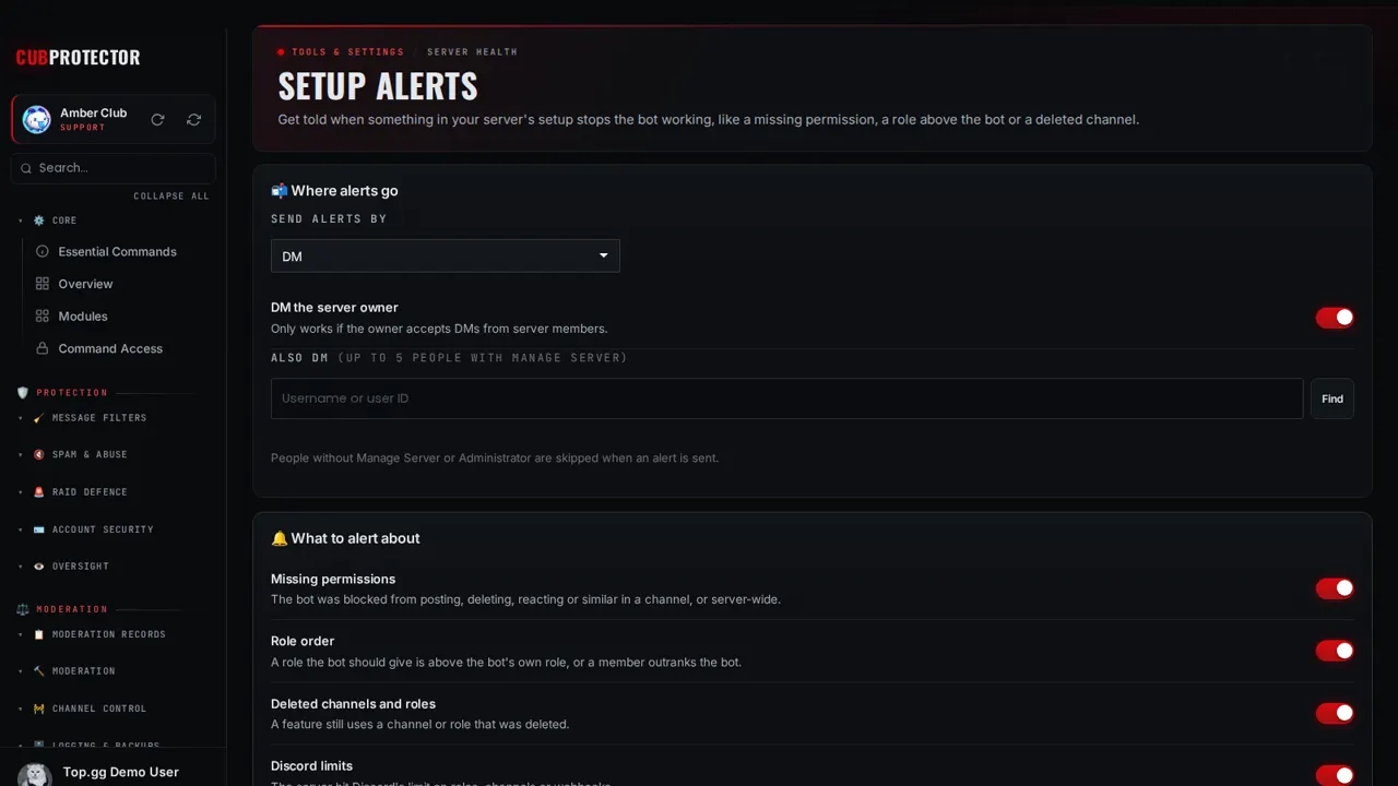 The Setup Alerts page on the CUB PROTECTOR dashboard