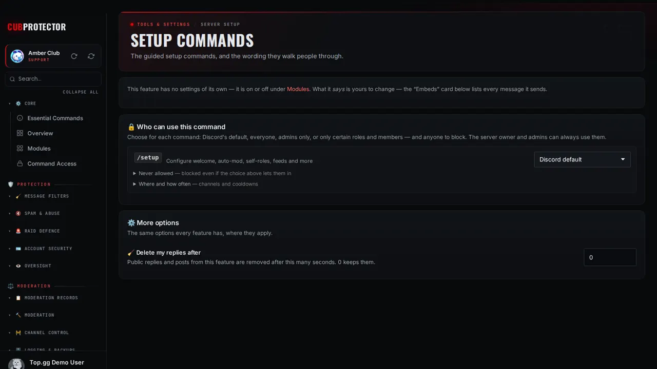 The Setup Commands page on the CUB PROTECTOR dashboard