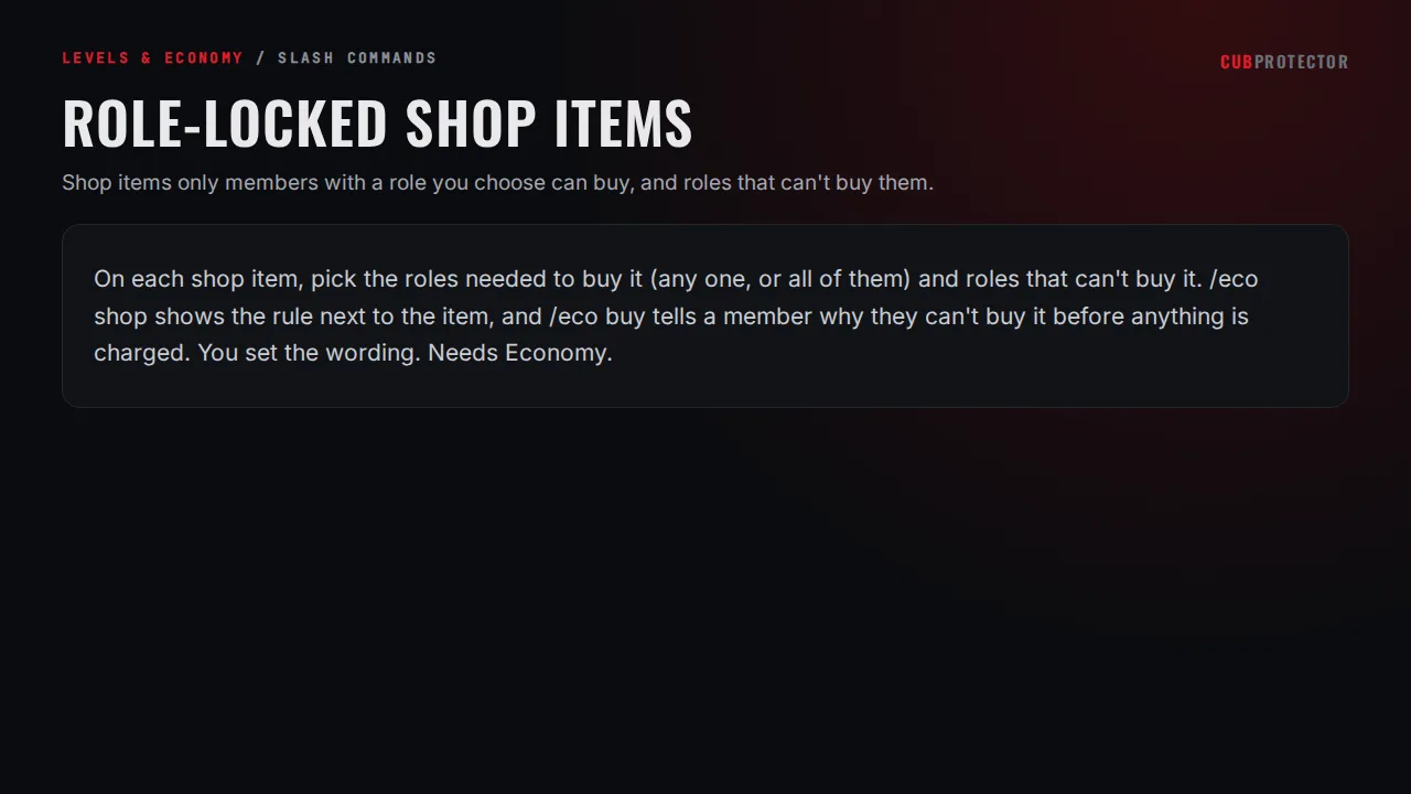 The Role-Locked Shop Items page on the CUB PROTECTOR dashboard