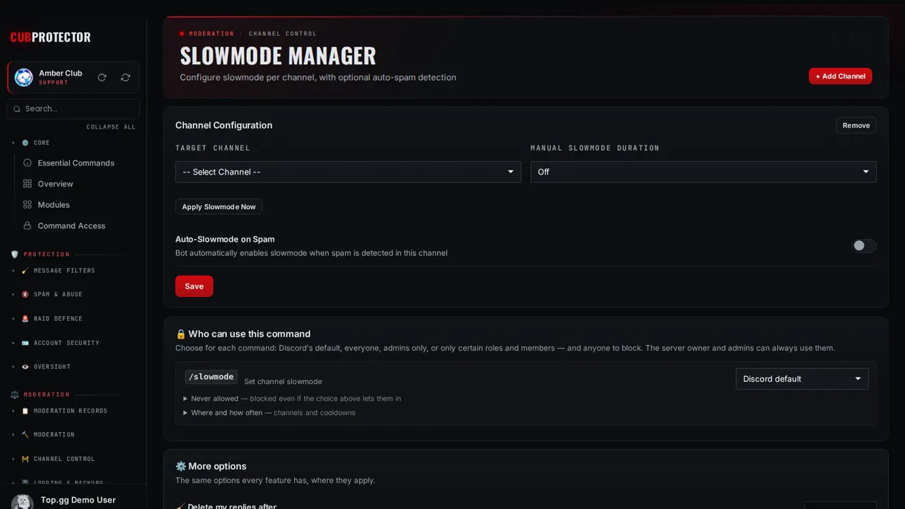 The Slowmode page on the CUB PROTECTOR dashboard