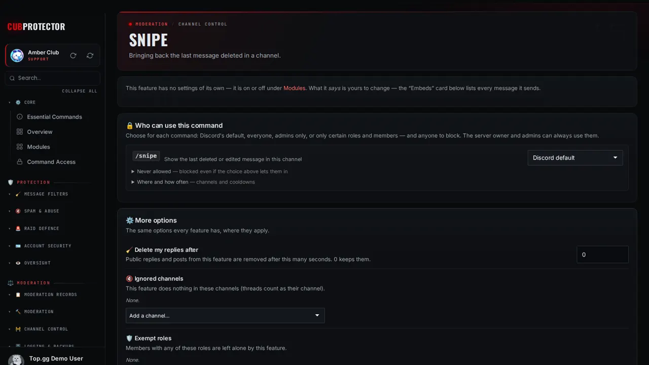 The Snipe page on the CUB PROTECTOR dashboard