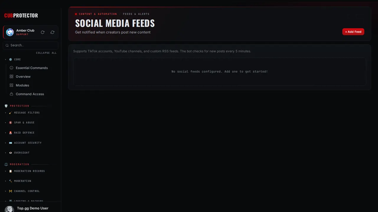 The Social Feeds page on the CUB PROTECTOR dashboard