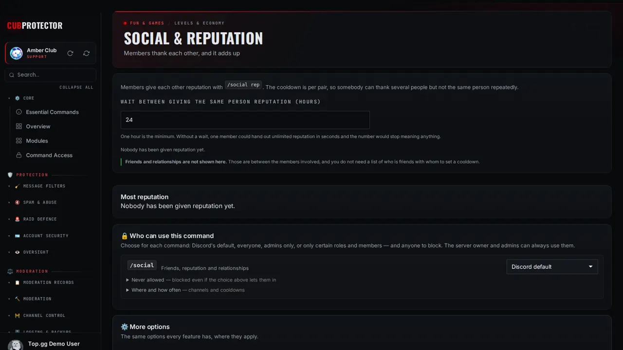 The Social & Reputation page on the CUB PROTECTOR dashboard