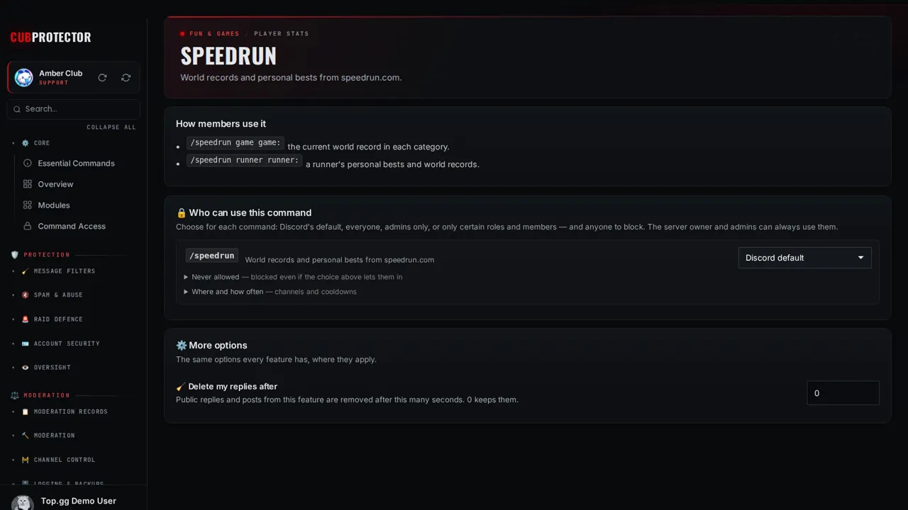 The Speedrun page on the CUB PROTECTOR dashboard