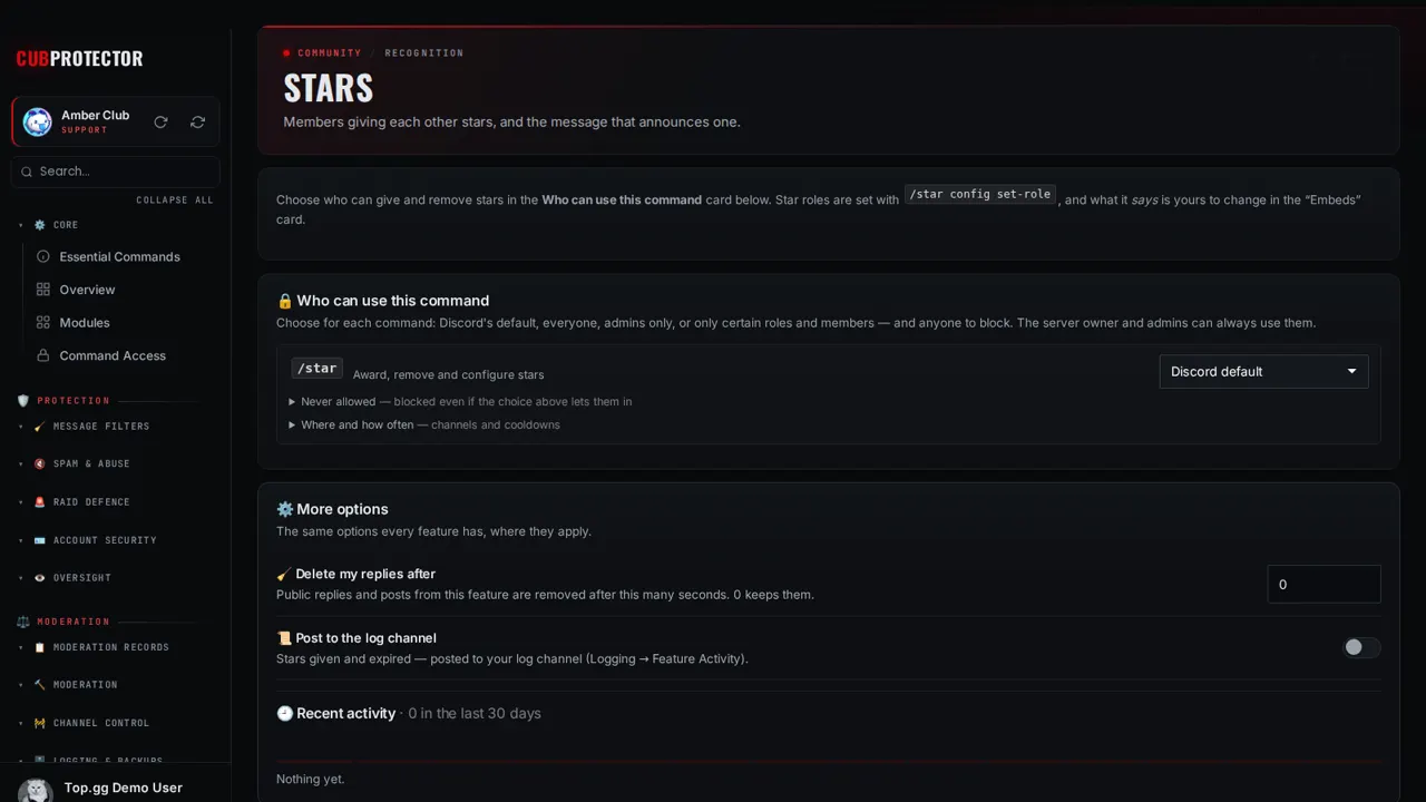 The Stars page on the CUB PROTECTOR dashboard