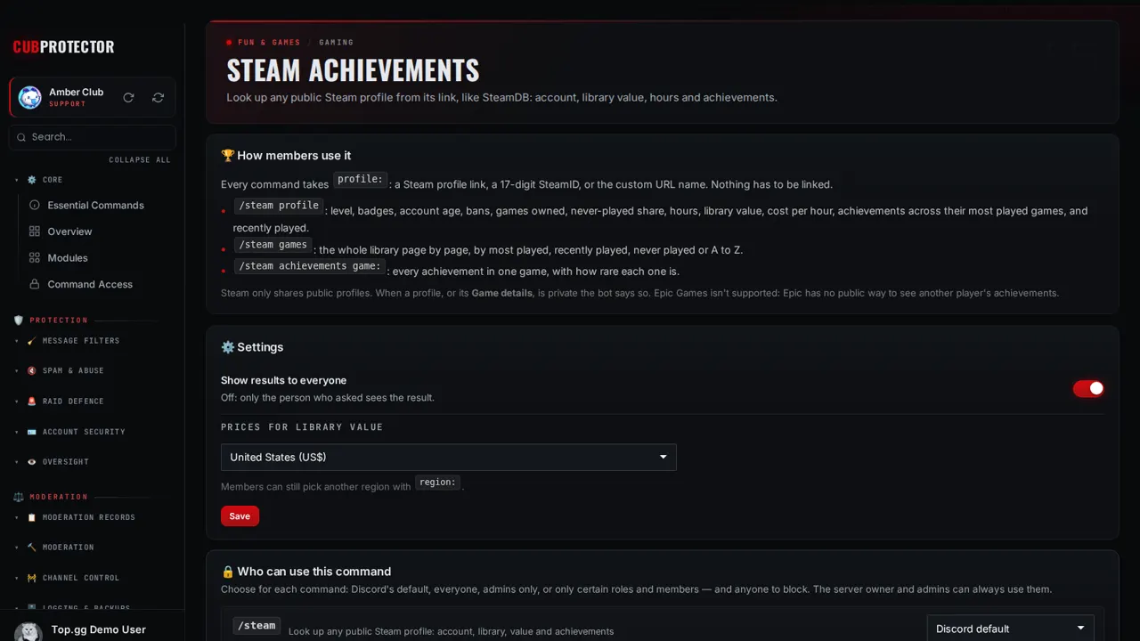 The Steam Achievements page on the CUB PROTECTOR dashboard