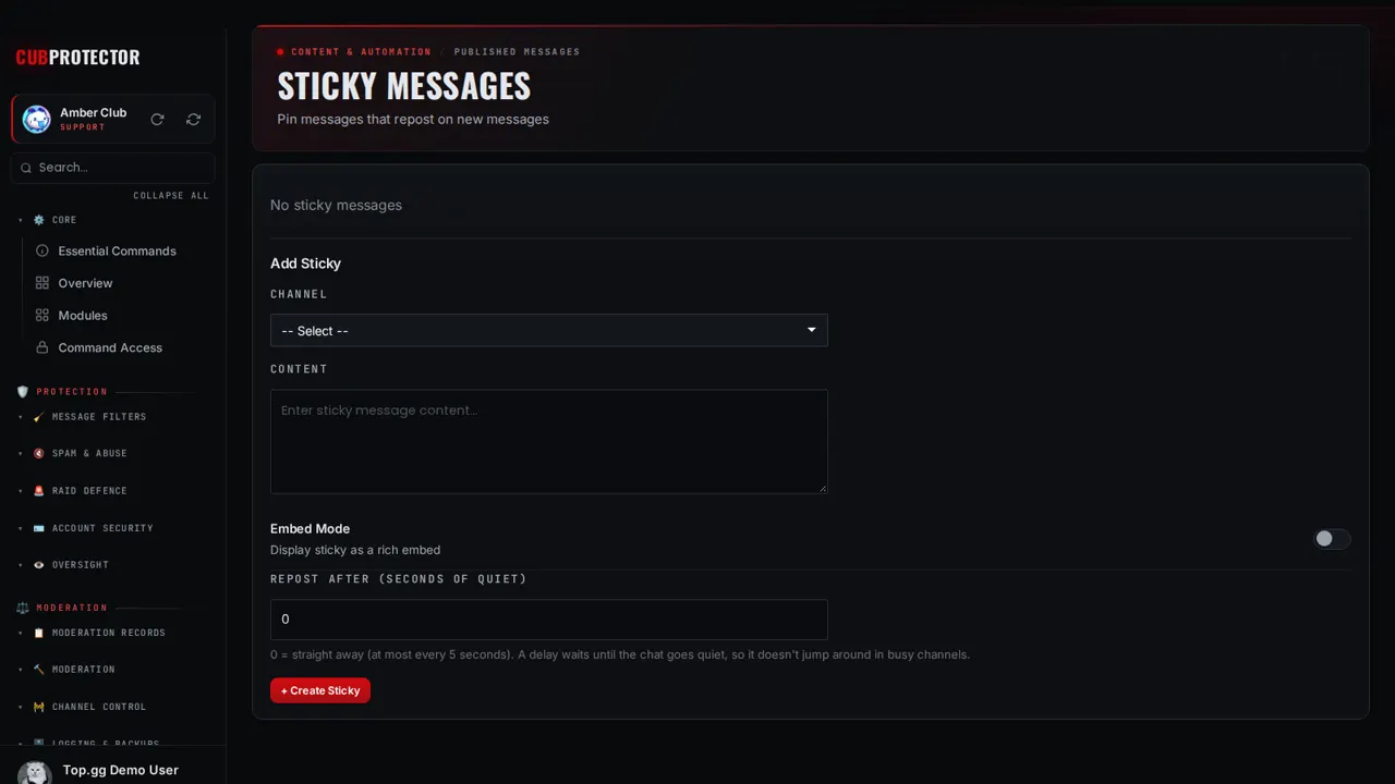 The Sticky Messages page on the CUB PROTECTOR dashboard