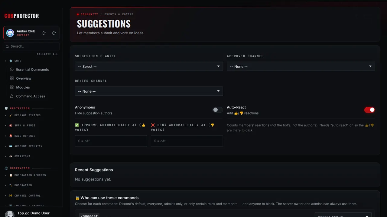 The Suggestions page on the CUB PROTECTOR dashboard