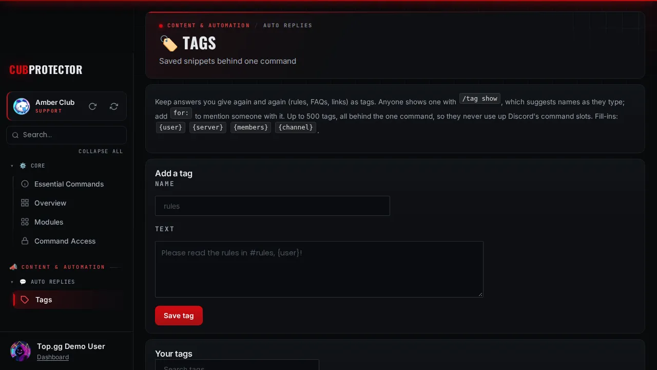 The Tags page on the CUB PROTECTOR dashboard