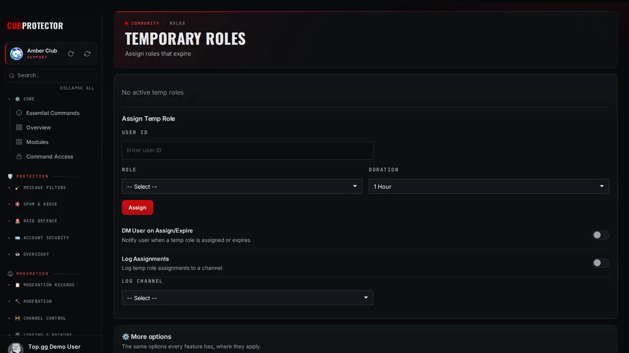 The Temp Roles page on the CUB PROTECTOR dashboard