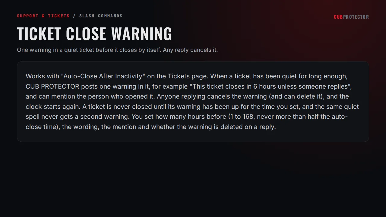 The Ticket Close Warning page on the CUB PROTECTOR dashboard