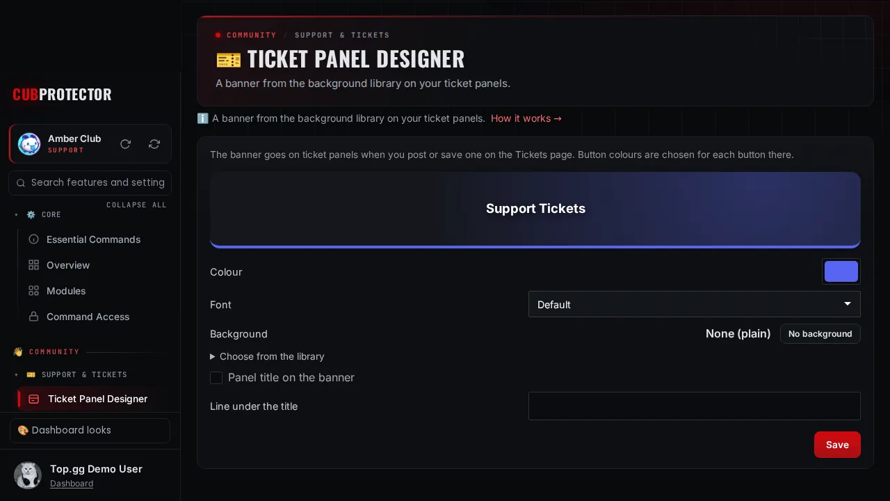 The Ticket Panel Designer page on the CUB PROTECTOR dashboard