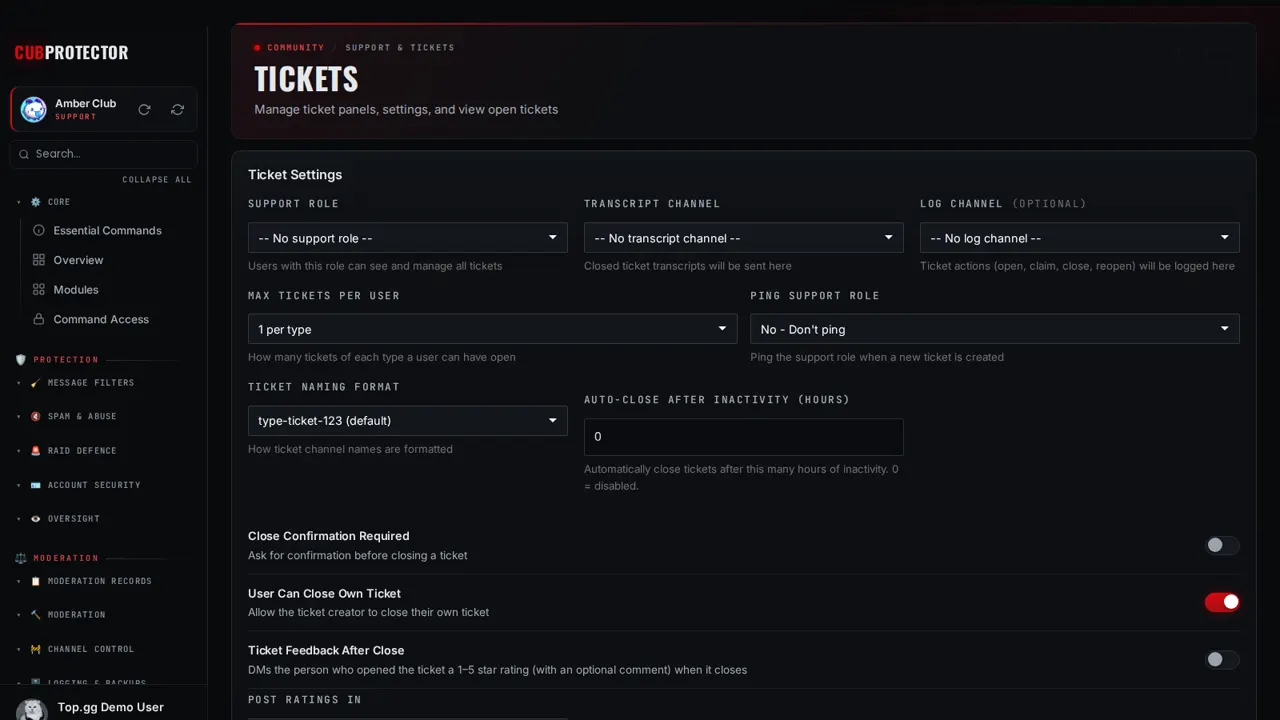 The Tickets page on the CUB PROTECTOR dashboard