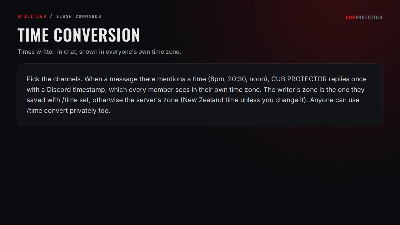 The Time Conversion page on the CUB PROTECTOR dashboard