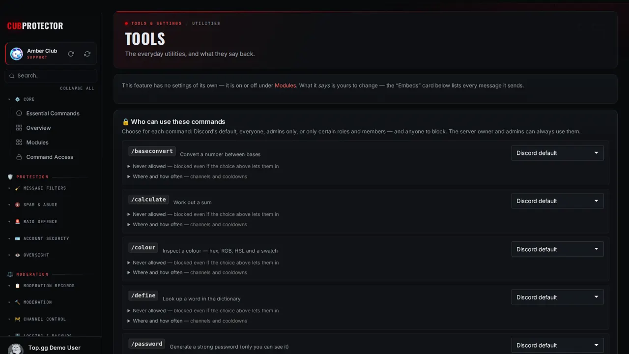 The Tools page on the CUB PROTECTOR dashboard