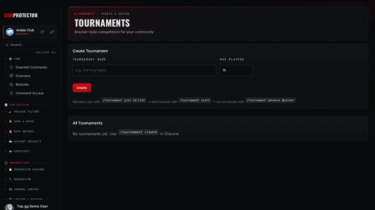 The Tournaments page on the CUB PROTECTOR dashboard
