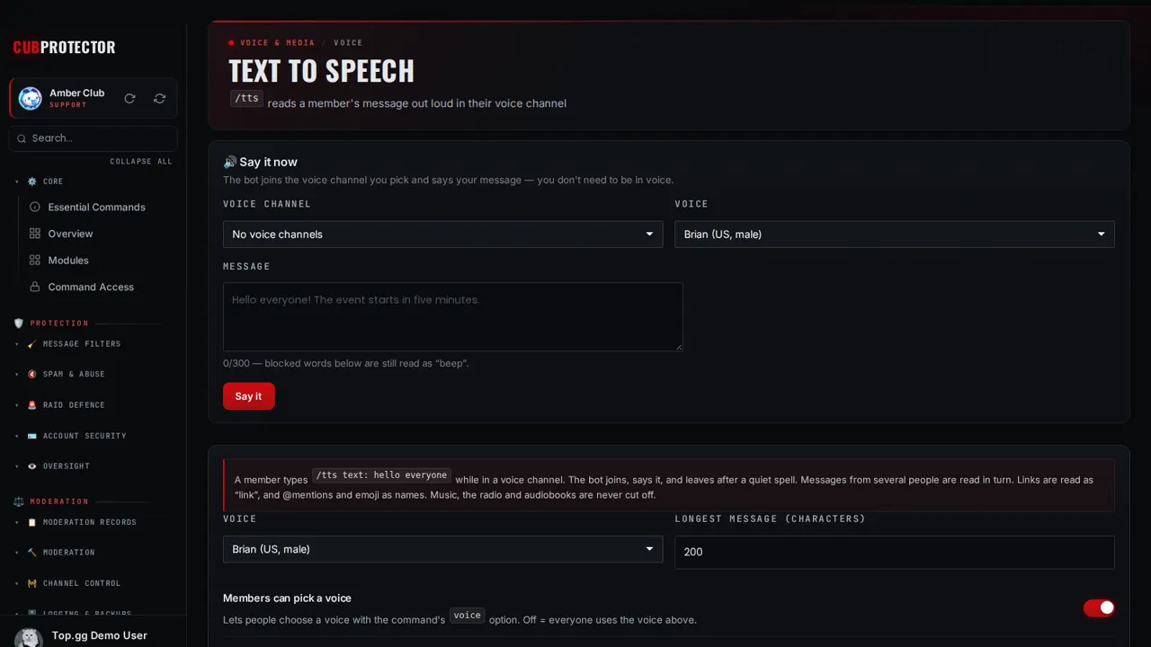 The Text to Speech page on the CUB PROTECTOR dashboard