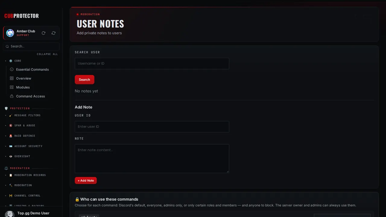 The User Notes page on the CUB PROTECTOR dashboard