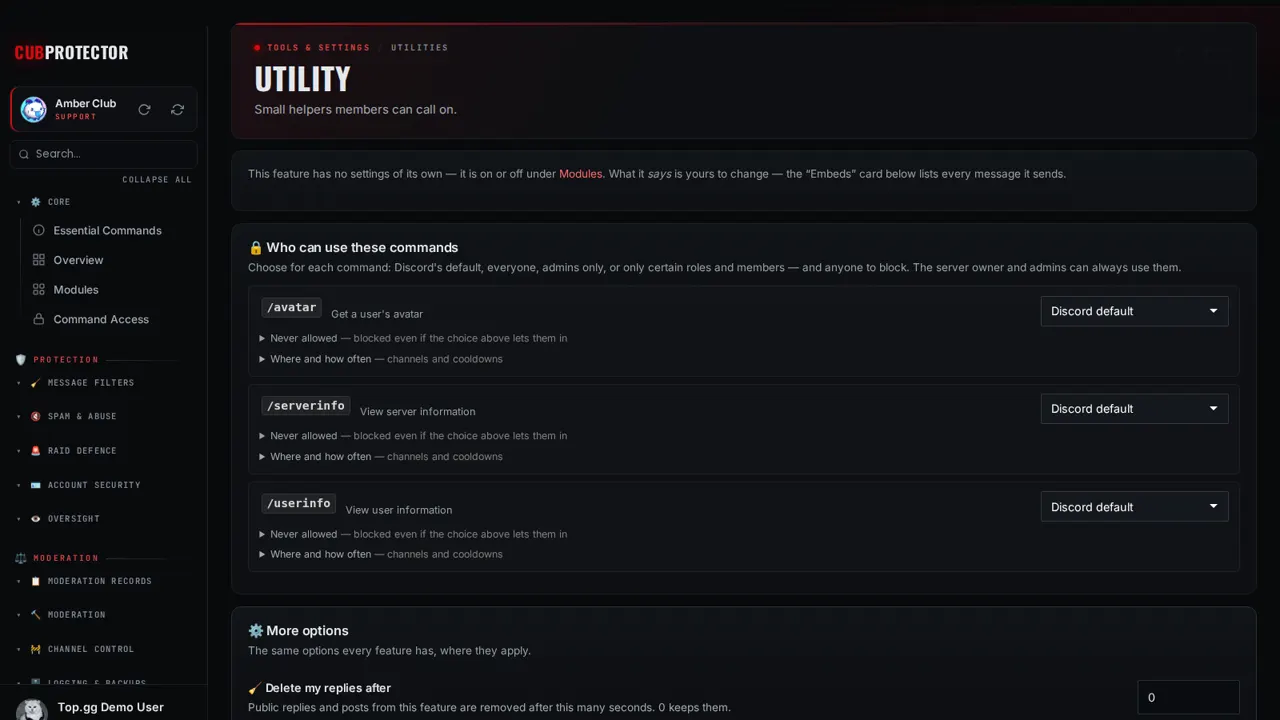 The Utility page on the CUB PROTECTOR dashboard