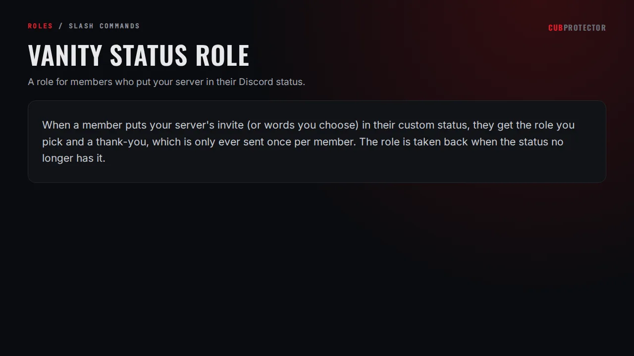 The Vanity Status Role page on the CUB PROTECTOR dashboard