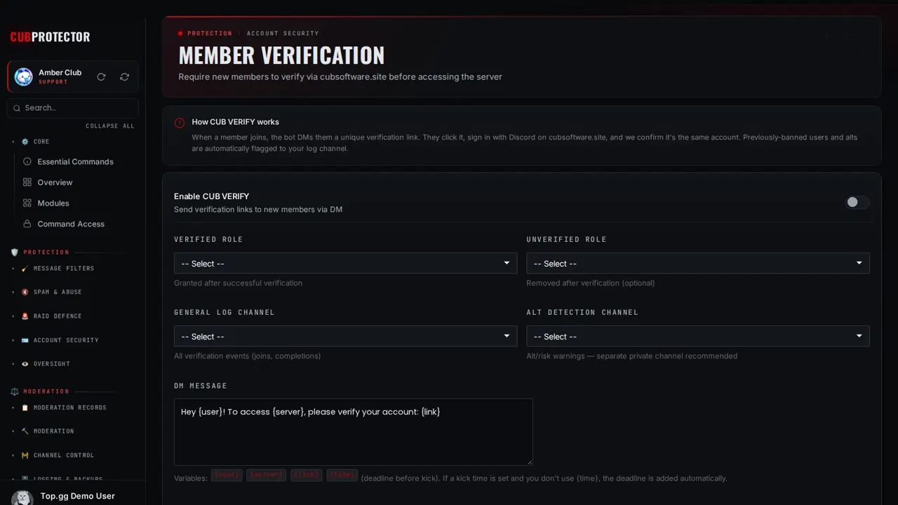 The Verification page on the CUB PROTECTOR dashboard