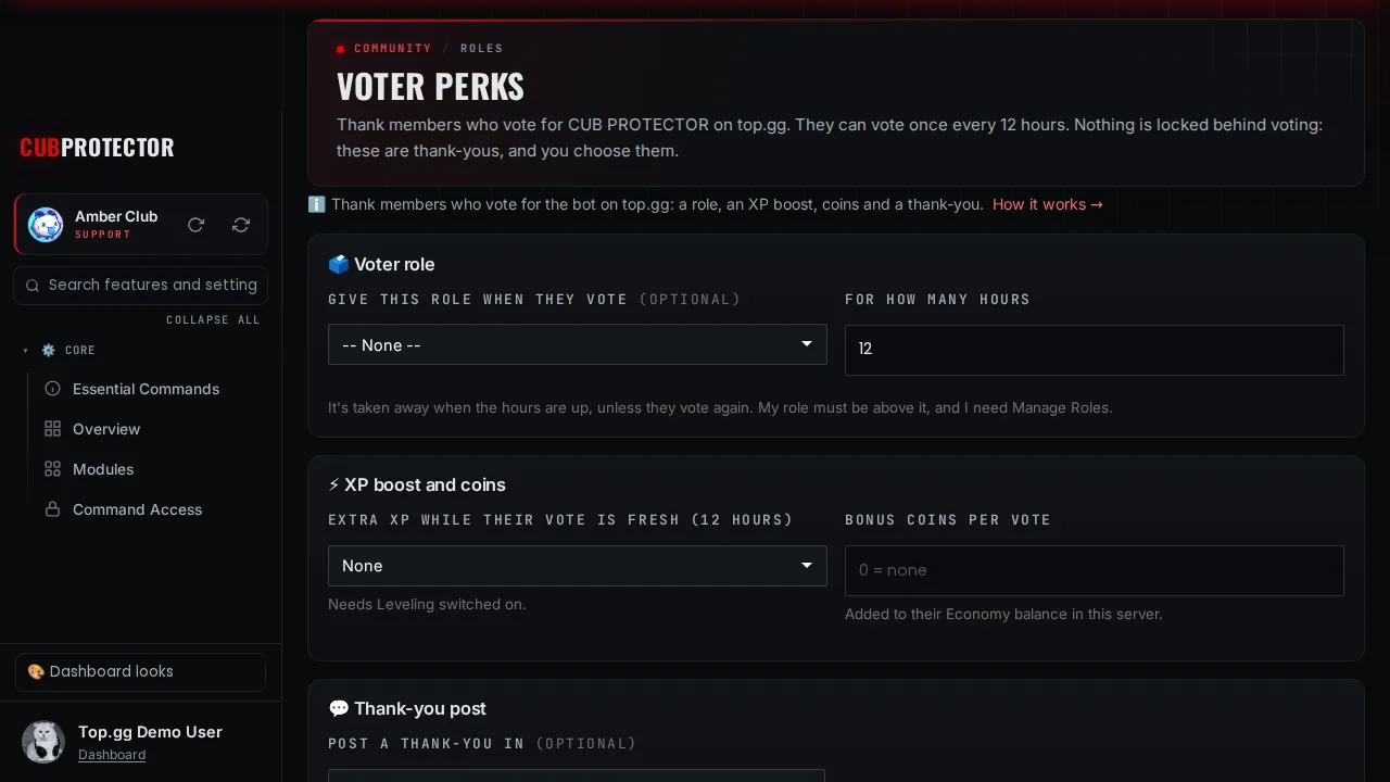 The Voter Perks page on the CUB PROTECTOR dashboard