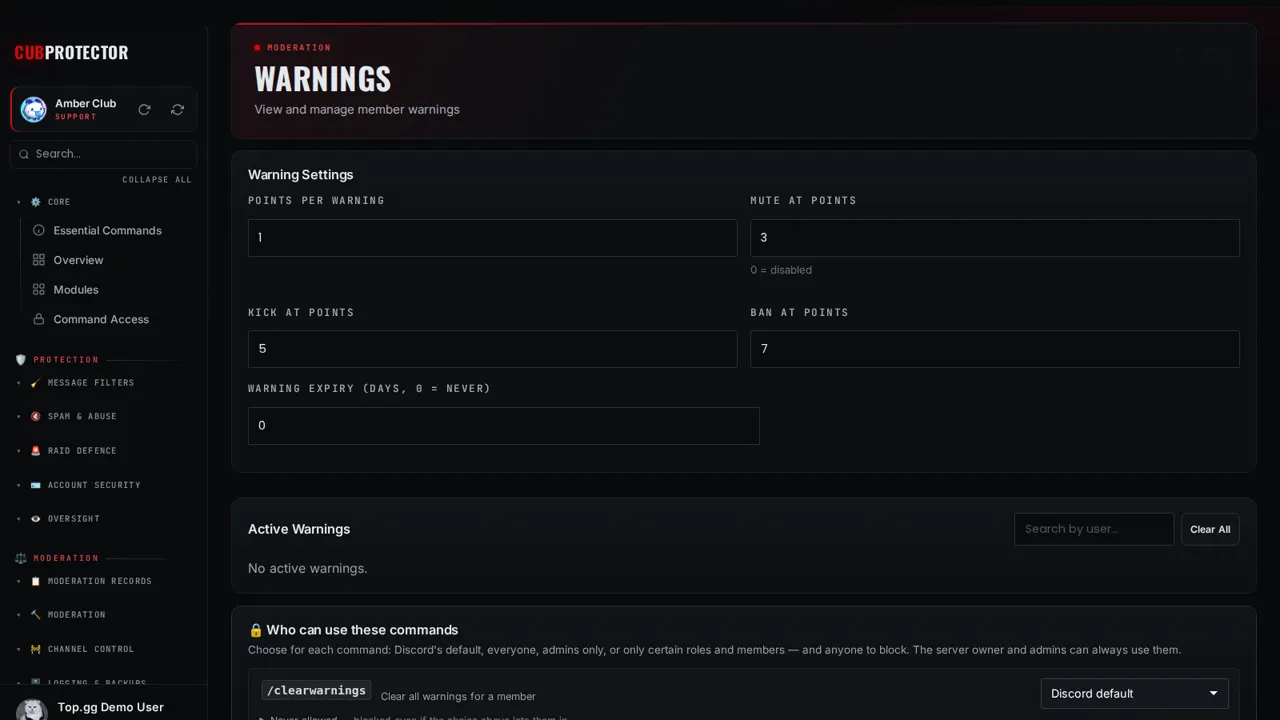 The Warnings page on the CUB PROTECTOR dashboard