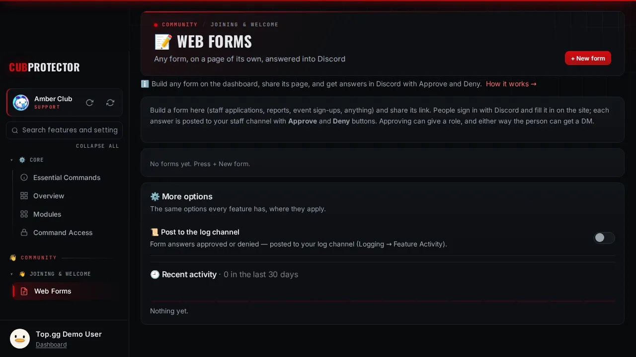 The Web Forms page on the CUB PROTECTOR dashboard