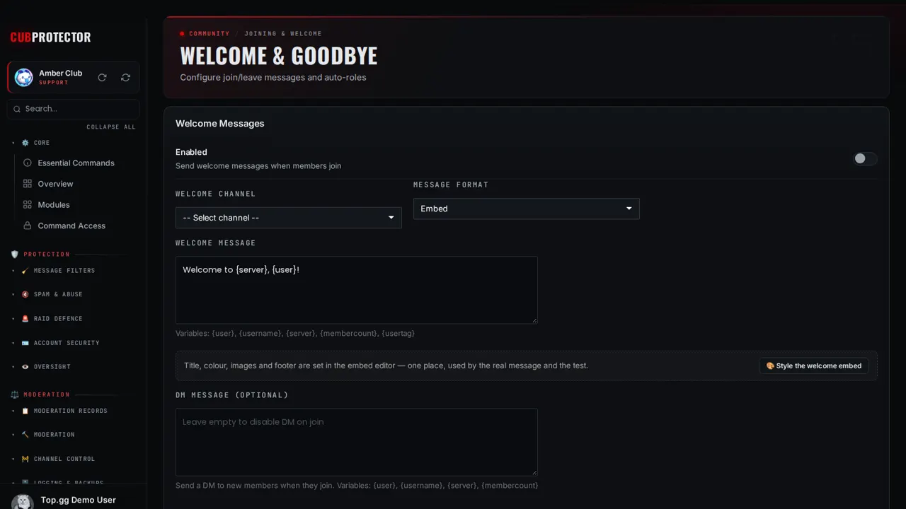 The Welcome page on the CUB PROTECTOR dashboard