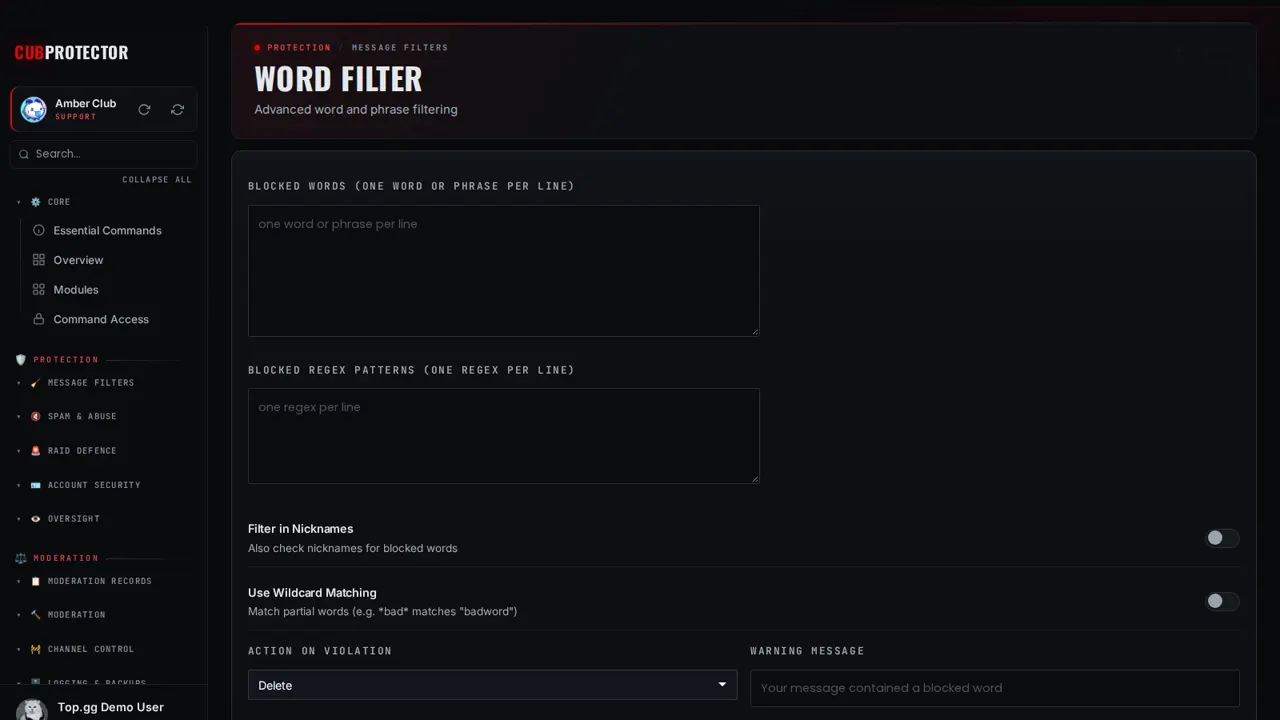 The Word Filter page on the CUB PROTECTOR dashboard