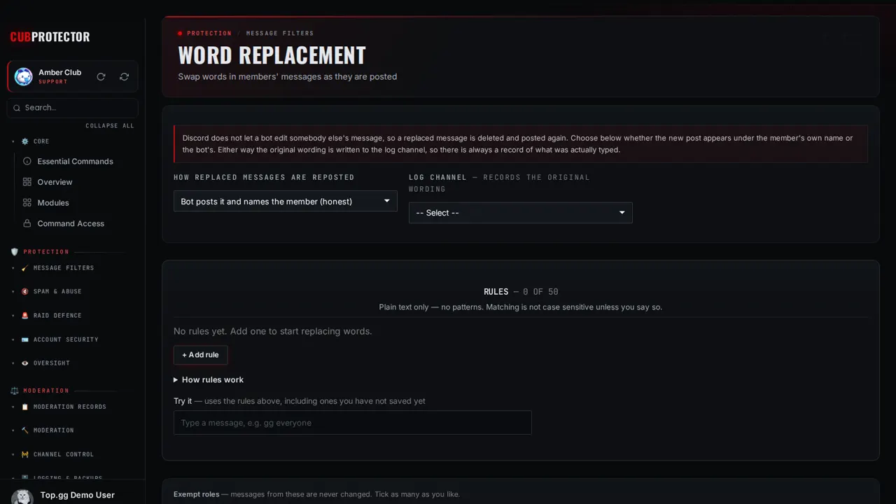 The Word Replacement page on the CUB PROTECTOR dashboard