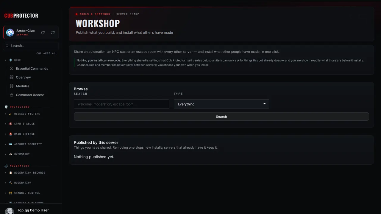 The Workshop page on the CUB PROTECTOR dashboard