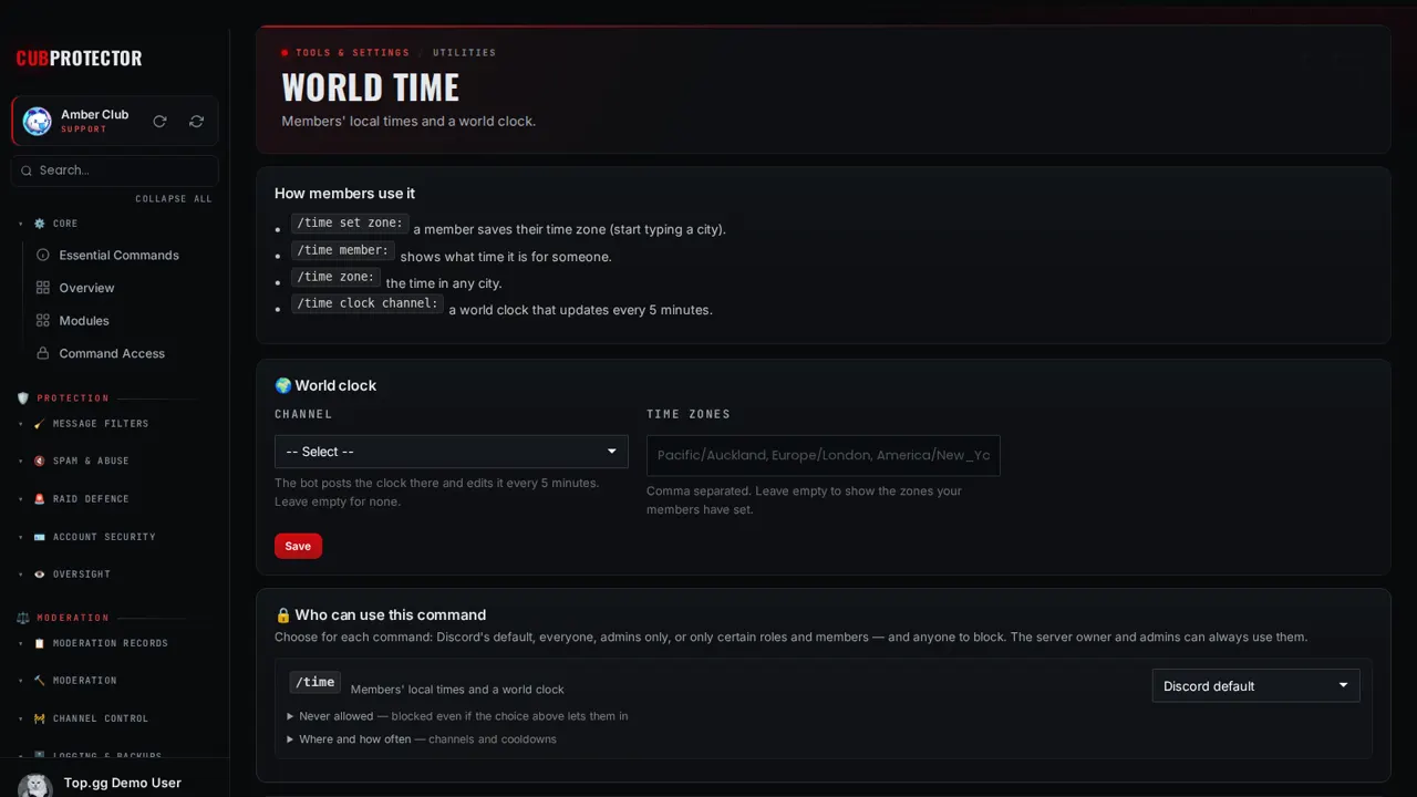 The World Time page on the CUB PROTECTOR dashboard