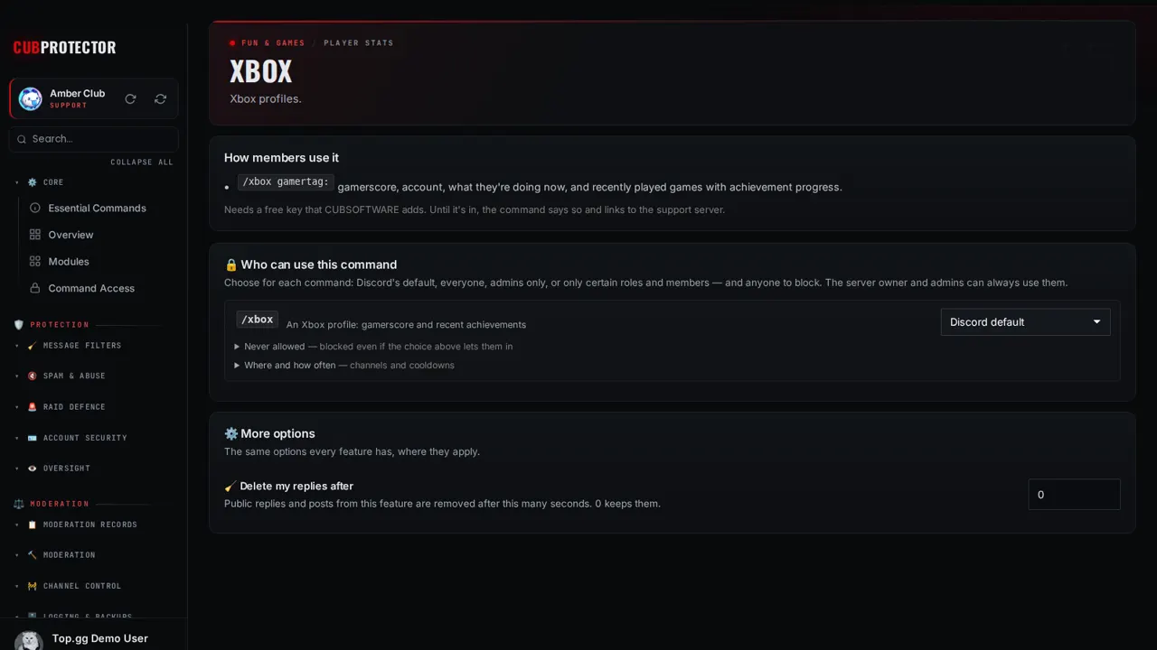 The Xbox page on the CUB PROTECTOR dashboard